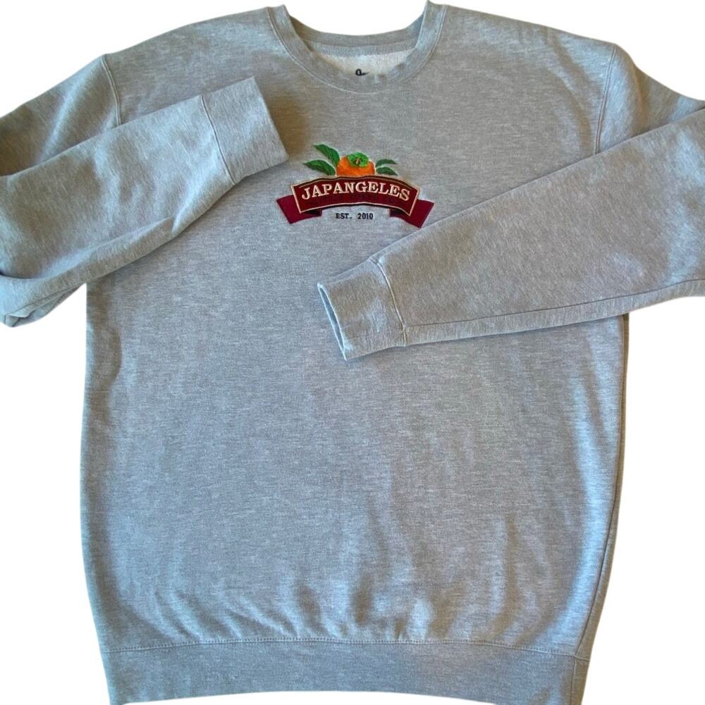 Japangeles Embroidered Orange Banner Grey Crewneck Sweatshirt - Size Large